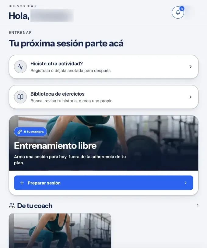 App del atleta con su próxima sesión, con el nombre de la persona difuminado