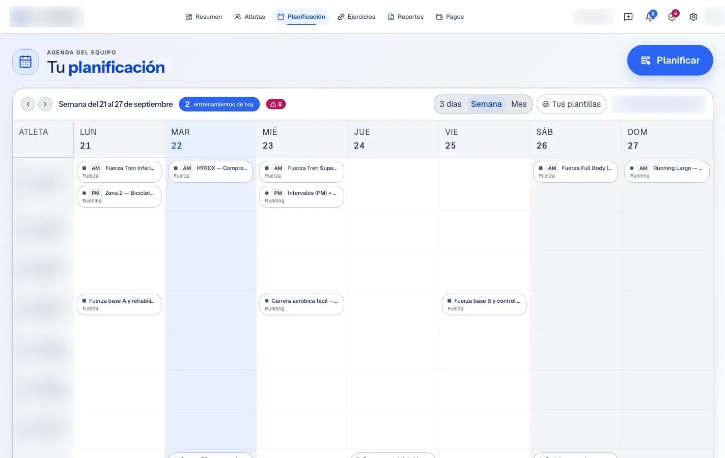 Planificación semanal del coach, con los nombres de los atletas difuminados
