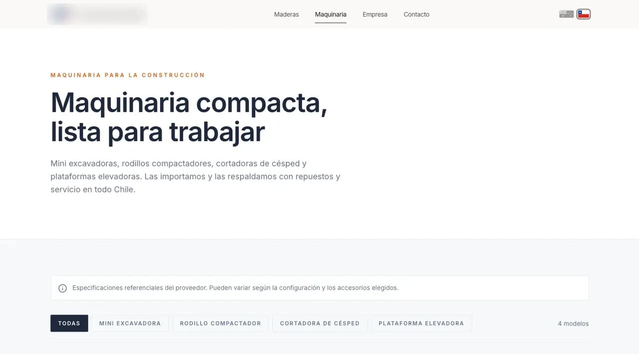 Catálogo de la línea de maquinaria del mismo sitio, con el logo difuminado