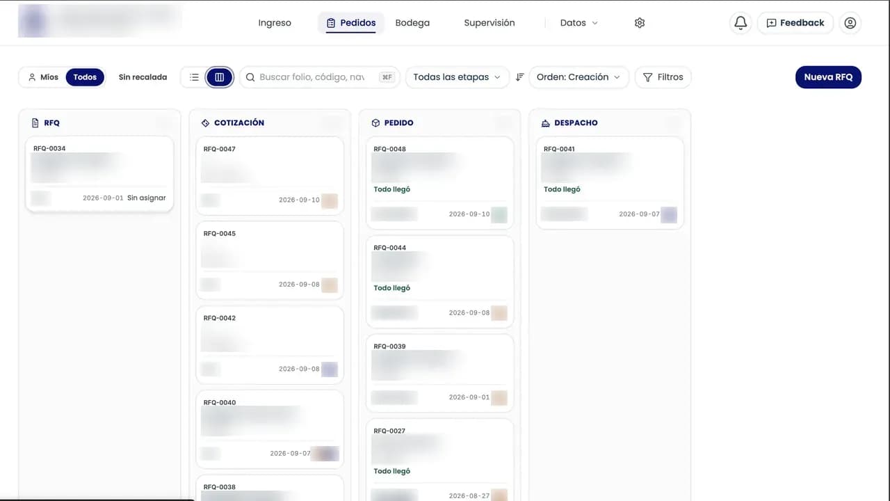 Tablero de pedidos de un sistema interno hecho por Nexa, con el logo, los montos y las iniciales difuminados