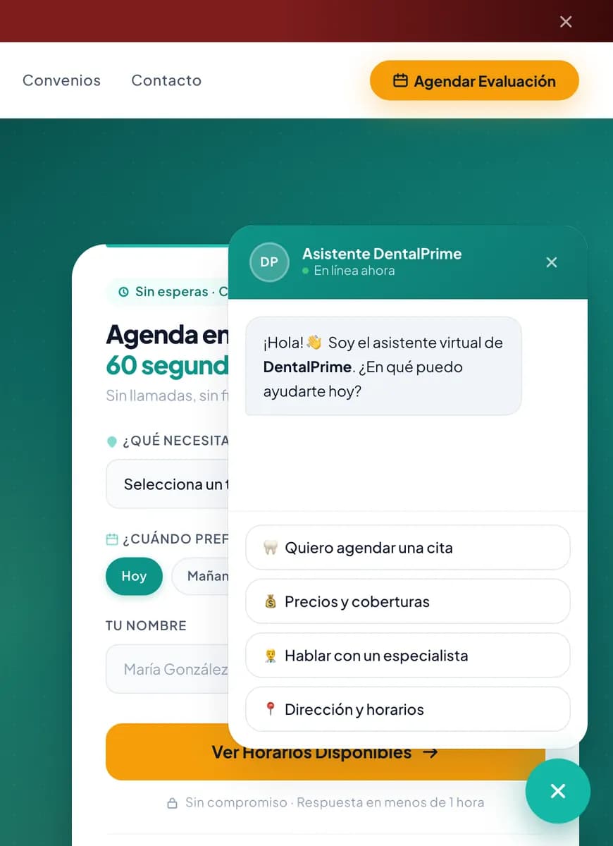 Demo de Nexa: sitio de una clínica dental con su asistente abierto