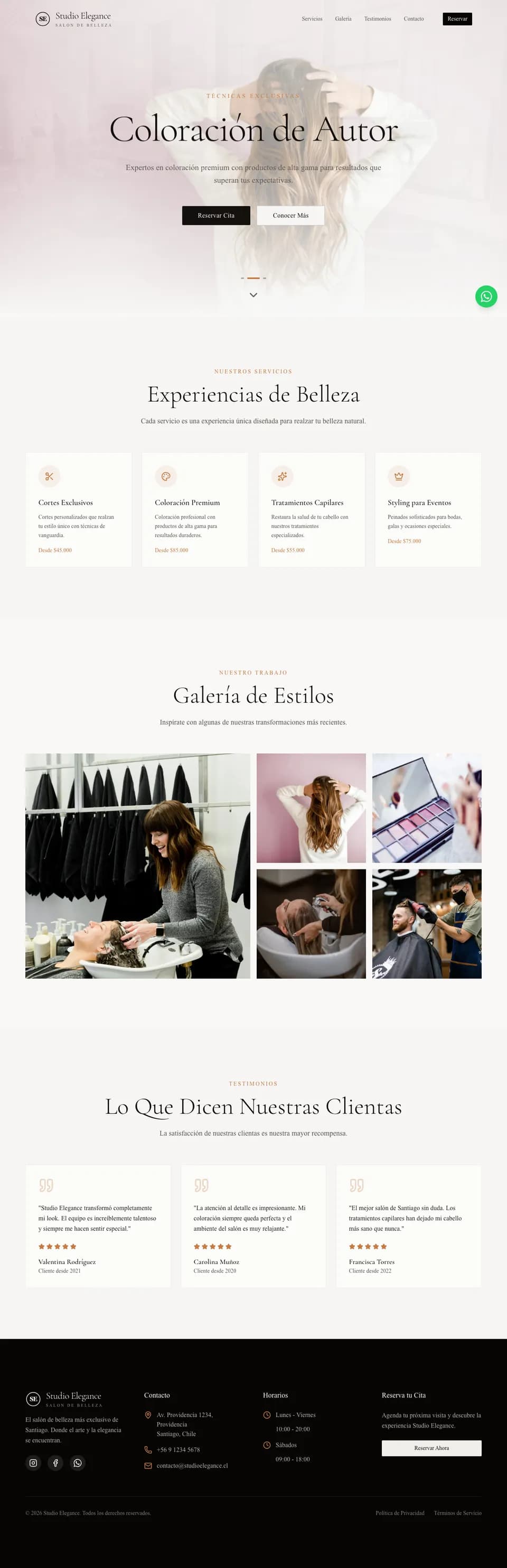 Demo de Nexa: el sitio de un salón de belleza, de la portada al pie