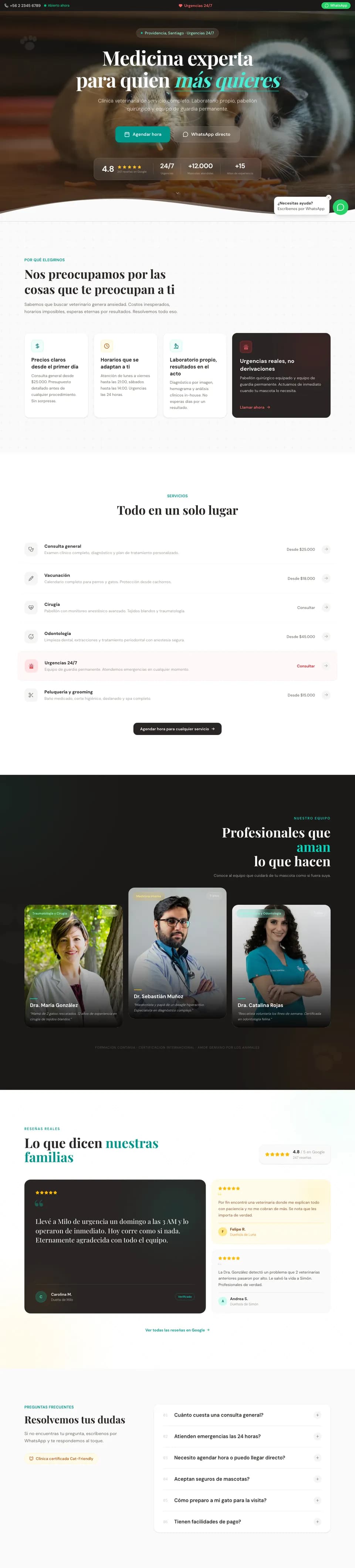Demo de Nexa: el sitio de una clínica veterinaria, de la portada a las preguntas frecuentes